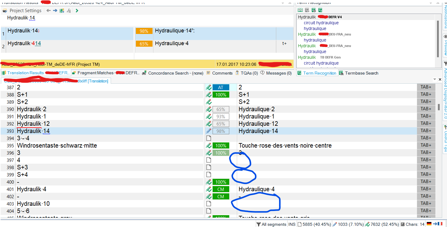Screenshot of Trados Studio showing translation results with segments 397, 399, 403 not filled or confirmed despite similar segments being autopropagated. Blue circles highlight the unconfirmed segments.
