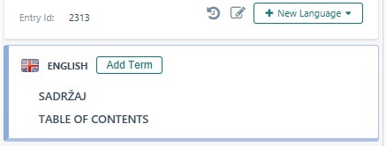 Trados Studio term entry interface showing English flag with 'Add Term' button, and below, the words 'SADRZAJ' and 'TABLE OF CONTENTS' in the target field.