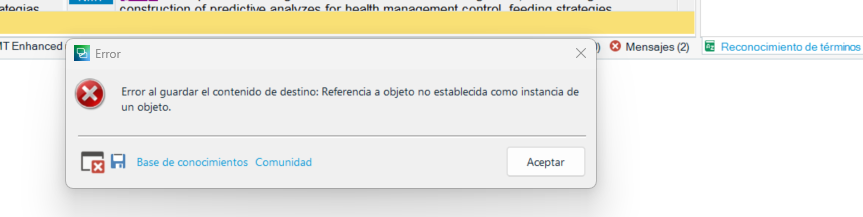 Error message in Trados Studio stating 'Error saving the target content: Reference to an object not set as an instance of an object.'