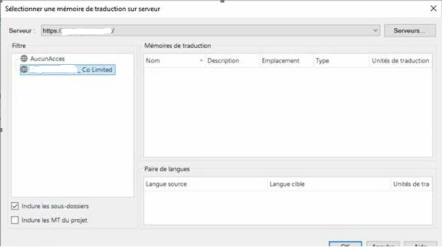 Trados Studio 2022 server-based memory selection window showing an empty list under 'Co Limited' with a filter set to 'AucunAcces'.
