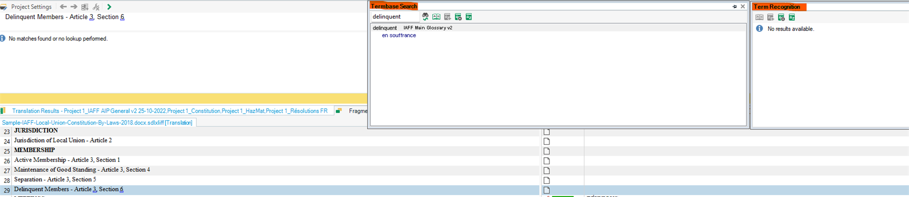 Screenshot of Trados Studio with a Termbase Search showing 'No matches found or no lookup performed' and Term Recognition pane with 'No results available.'