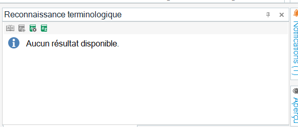 Trados Studio terminology recognition window displaying a message 'Aucun r sultat disponible' indicating no results found.