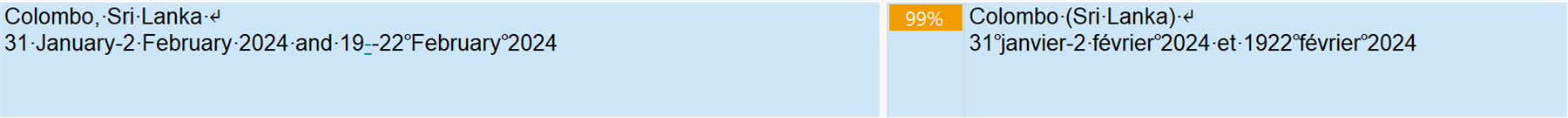 Screenshot showing Trados Studio Translation Results window with a 99% match error. Source text '31 January-2 February 2024 and 19-22 February 2024' is not a 100% match with the target text '31 janvier-2 fevrier 2024 et 1922 fevrier 2024'. Incorrect date format in French displayed.