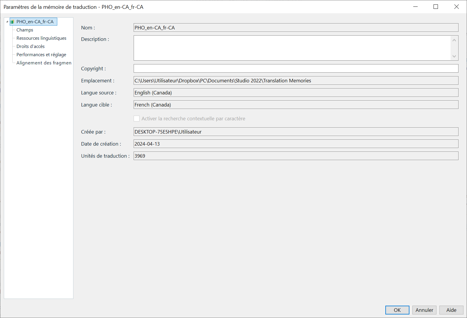 Trados Studio translation memory settings window showing PHO_en-CA_fr-CA with source language English (Canada) and target language French (Canada).