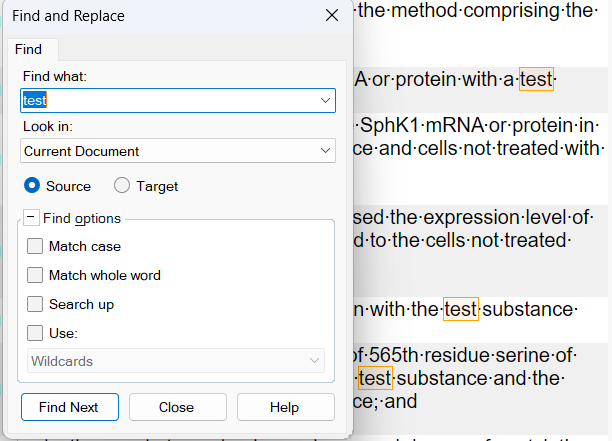 Screenshot of the Find and Replace dialog in Trados Studio with the word 'test' entered in the 'Find what' field. Multiple instances of 'test' are highlighted in the document.
