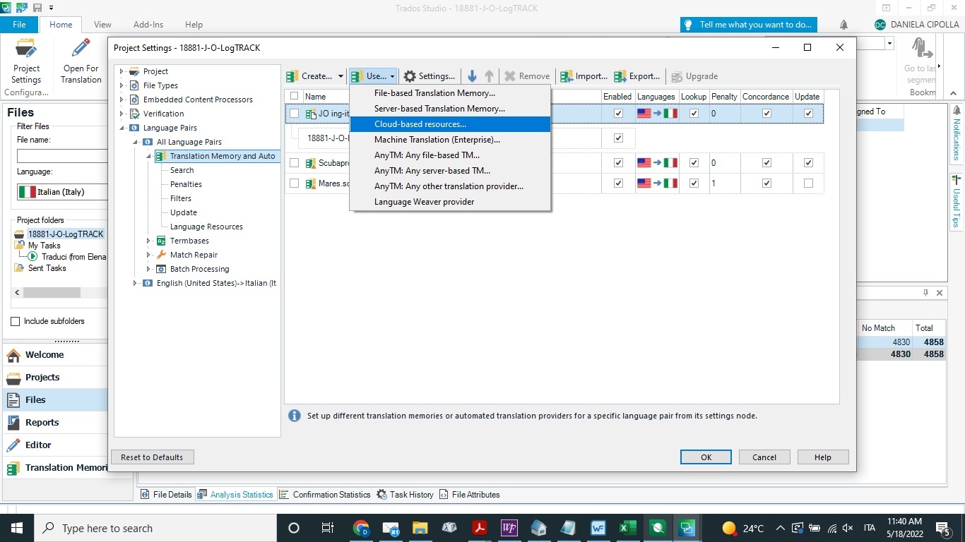 Trados Studio project settings window with 'Cloud-based resources' option highlighted showing no error.