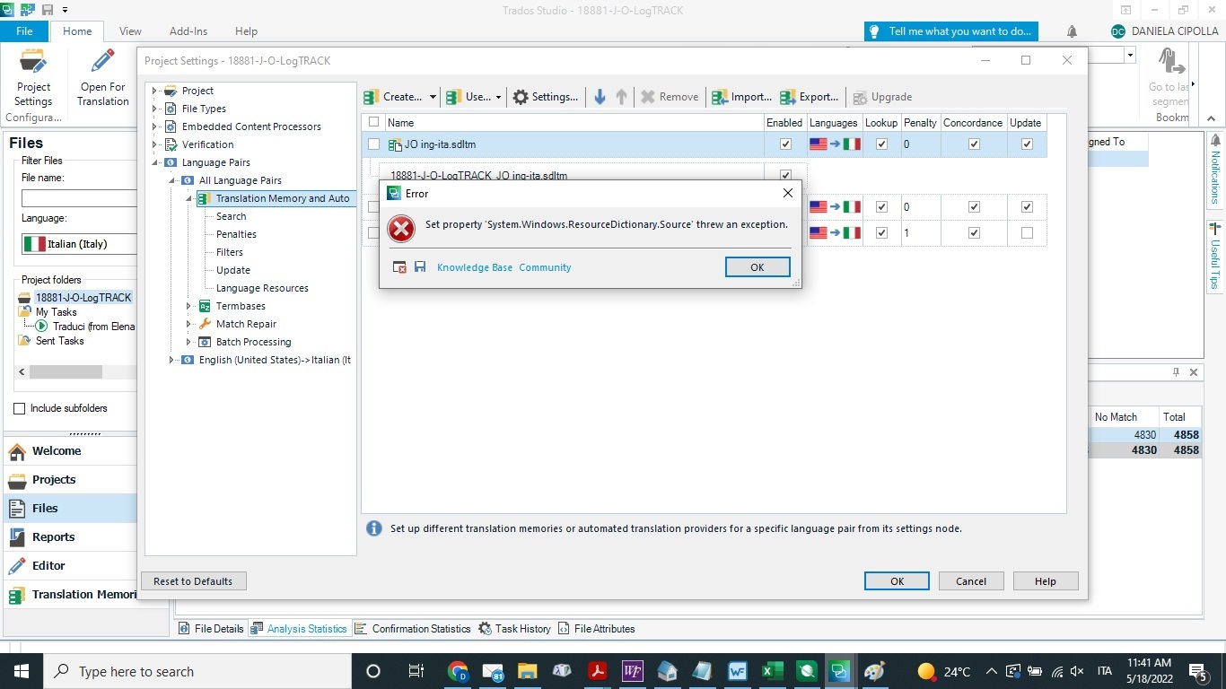 Error message in Trados Studio stating 'Set property 'System.Windows.ResourceDictionary.Source' threw an exception.'