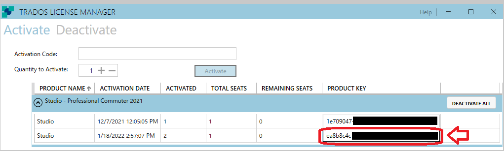 Trados License Manager window showing two Studio licenses. The second license, with product key partially visible as 'ea8b8c4c', is highlighted with a red box and arrow pointing to the 'DEACTIVATE ALL' button.