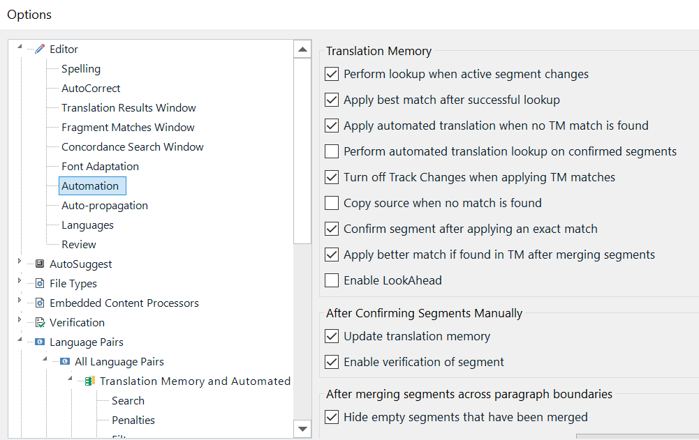 Trados Studio options menu showing Translation Memory settings with checkboxes for lookup, applying best match, and updating TM all checked.