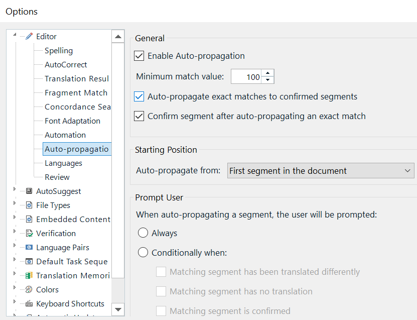 Trados Studio options menu showing Auto-propagation settings with 'Enable Auto-propagation' and 'Auto-propagate exact matches to confirmed segments' checked.