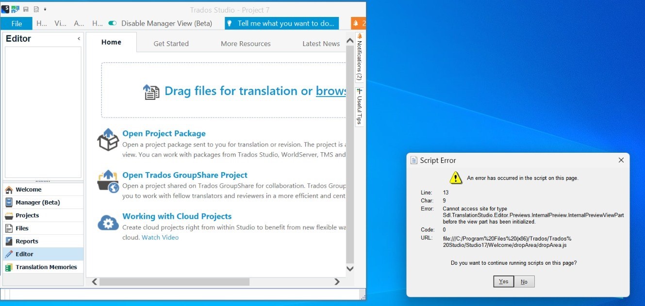 Trados Studio interface showing home screen with options to drag files for translation or open various project types.