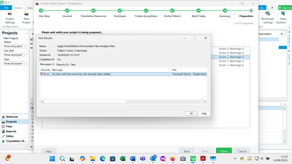Trados Studio interface showing a task preparation error. Error message reads: 'An item with the same key has already been added.' Status is 'Failed (error, Overwriting)'.