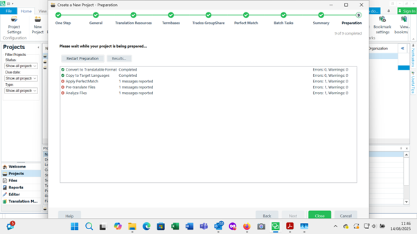 Trados Studio interface showing the 'Create a New Project - Preparation' screen with progress steps at the top and a list of tasks with statuses, errors, and warnings displayed.