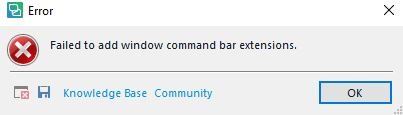 Error dialog box with message 'Failed to add window command bar extensions.' with Knowledge Base and Community buttons.
