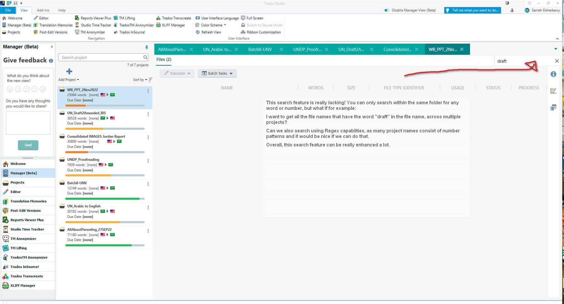 Trados Studio Manager interface showing a search bar with 'draft' typed in and feedback about search feature limitations.