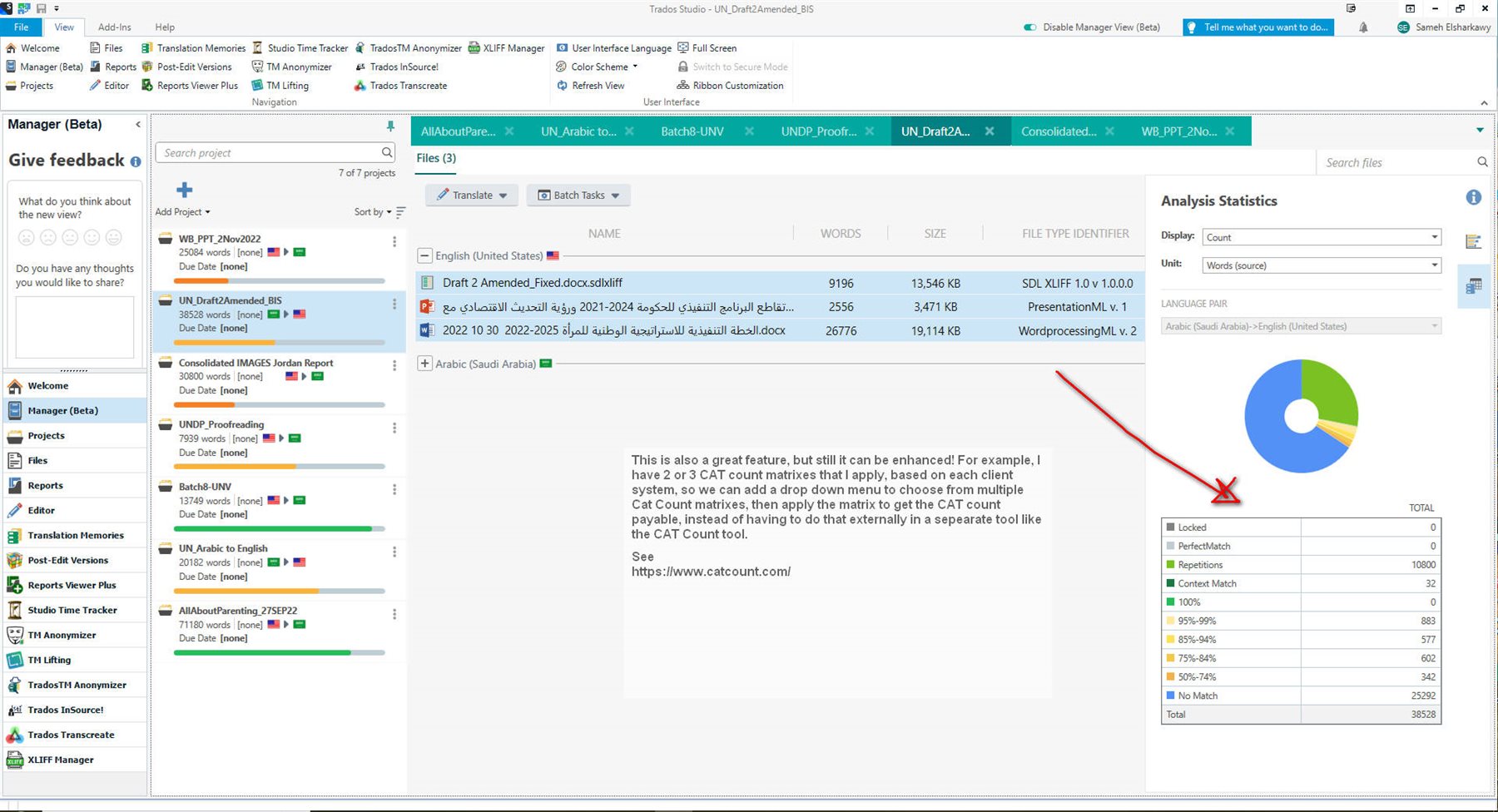 Screenshot of Trados Studio Manager with feedback on enhancing the CAT count matrices feature and a pie chart of analysis statistics.