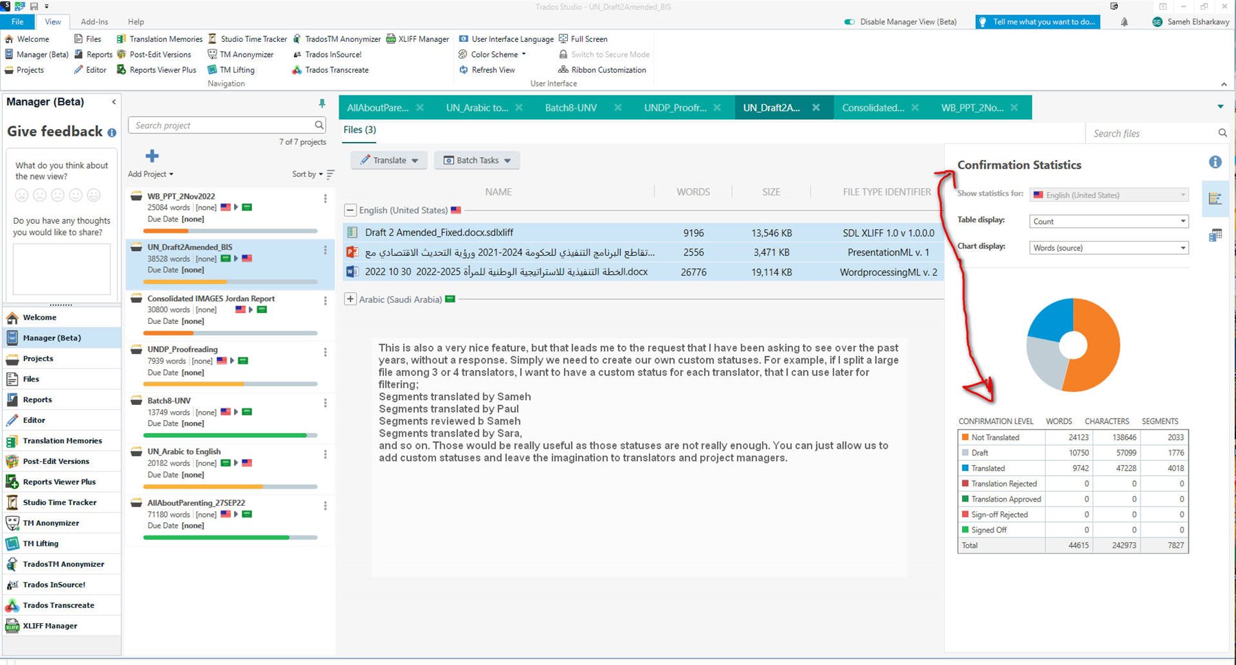 Trados Studio Manager displaying feedback on creating custom statuses for translation segments with a confirmation statistics chart.