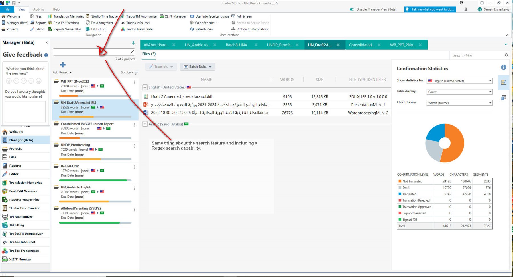 Trados Studio Manager with a feedback note on search feature improvements and a confirmation statistics pie chart.