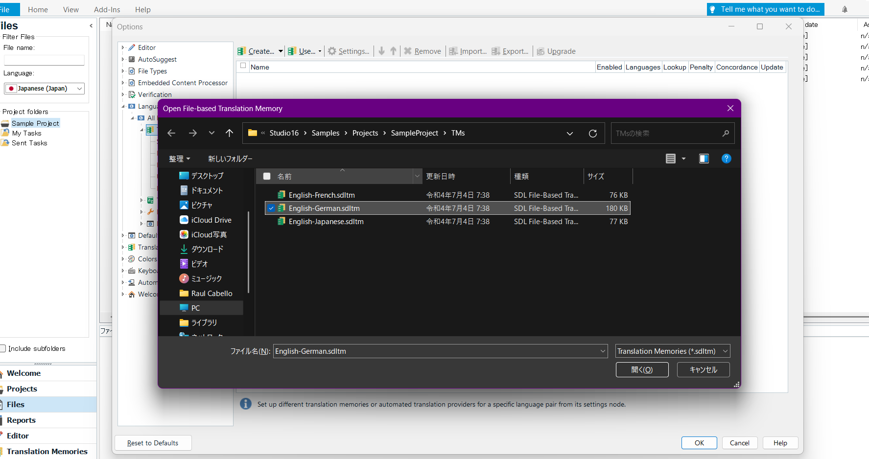 Screenshot of Trados Studio's 'Open File-based Translation Memory' dialog with English-German.sdltm file selected.