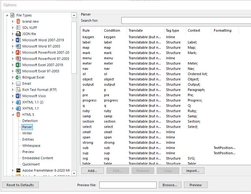 Trados Studio parser settings for HTML 5 filetype displaying rules for elements such as keygen, label, map, menu, and strong with their respective conditions and tag types.