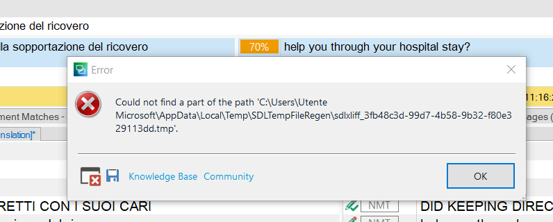 Error message in Trados Studio saying 'Could not find a part of the path' with a file path ending in 'sdlxliff_3fb48c3d-99d7-4b58-9b32-f80e329113dd.tmp'.