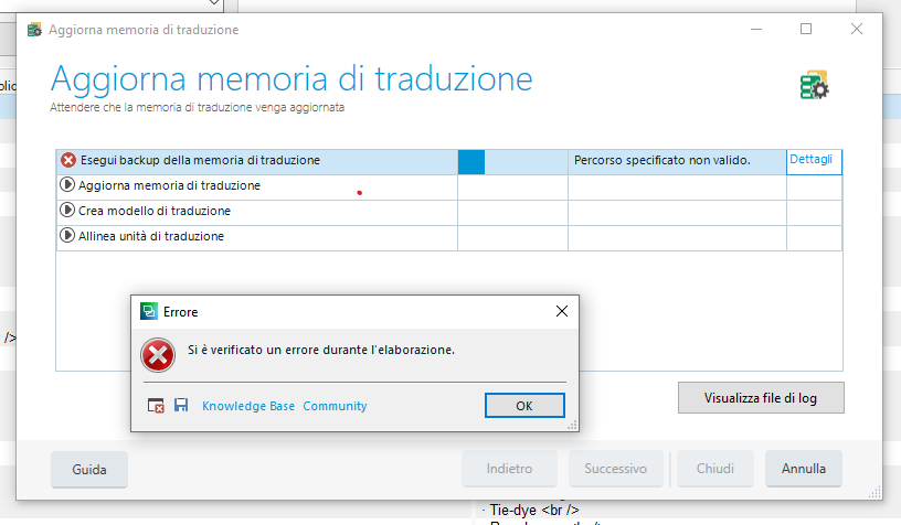Trados Studio error message window stating 'Si e verificato un errore durante l'elaborazione' with an 'OK' button, and a Translation Memory update window in the background indicating 'Percorso specificato non valido' with a 'Details' button.