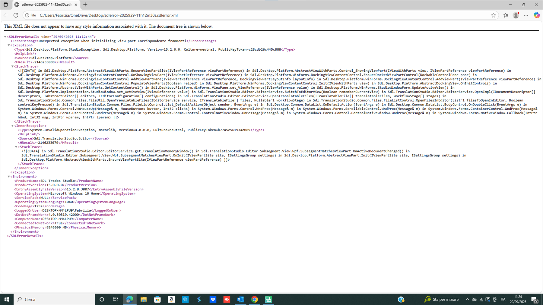 Screenshot of an XML error message in Trados Studio showing 'Unexpected exception when initializing view part Corrispondenze frammenti' with detailed stack trace and environment information.