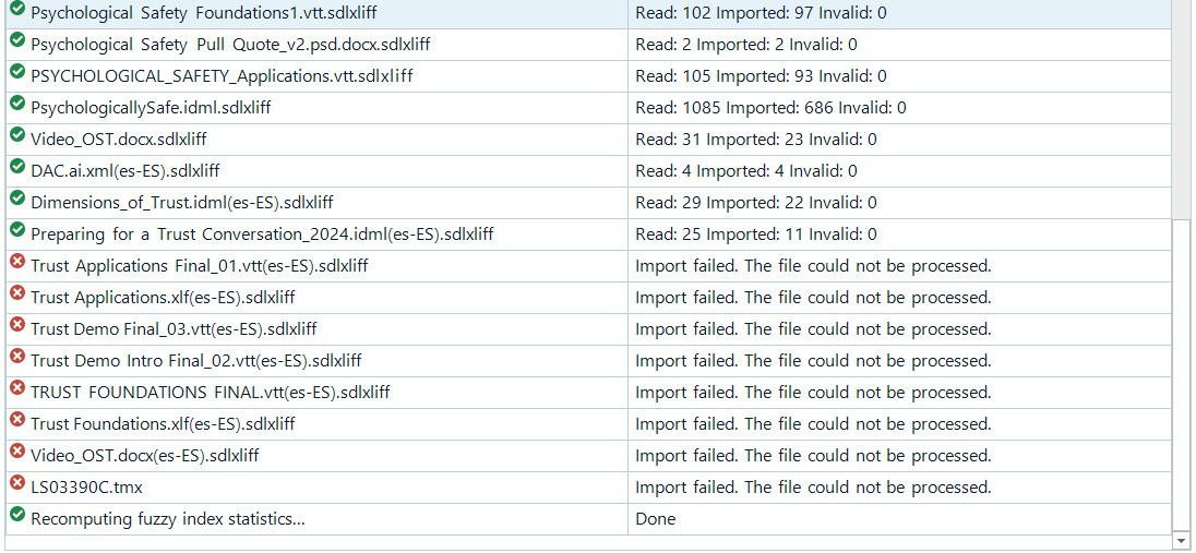 Trados Studio interface showing a list of files with statuses. Some files are successfully processed, while others show 'Import failed. The file could not be processed.'