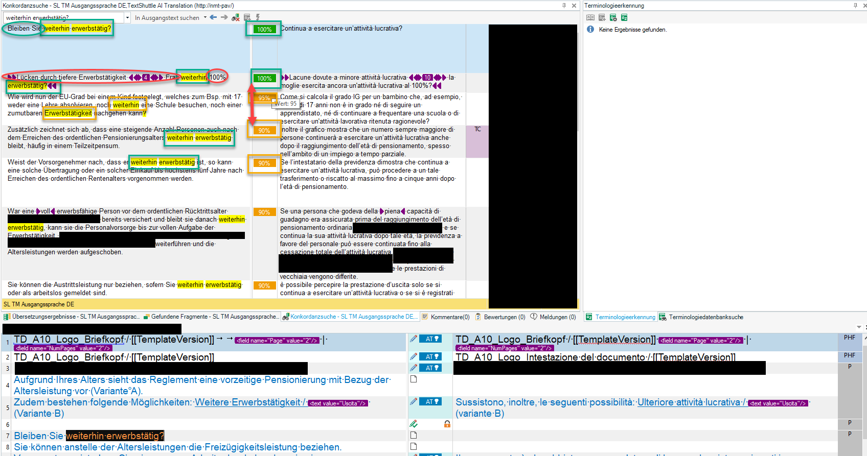 Screenshot of Trados Studio concordance search results showing fuzzy matches with varying scores, highlighted terms, and no visible errors.
