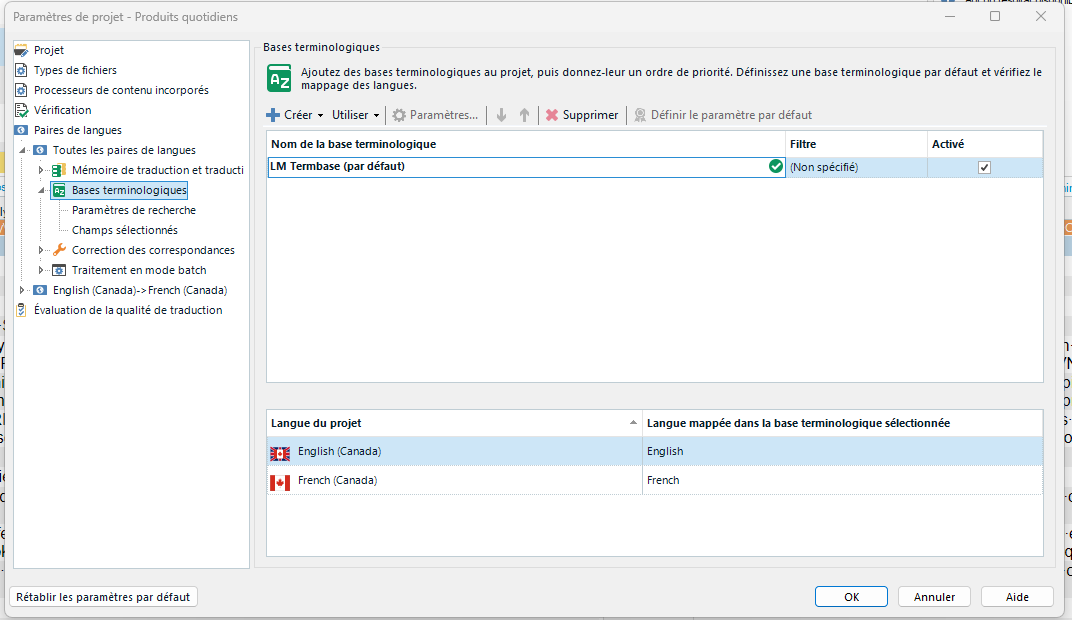 Trados Studio project settings window showing 'Bases terminologiques' section with 'LM Termbase (par d faut)' selected. Language mapping includes English (Canada) to English and French (Canada) to French.