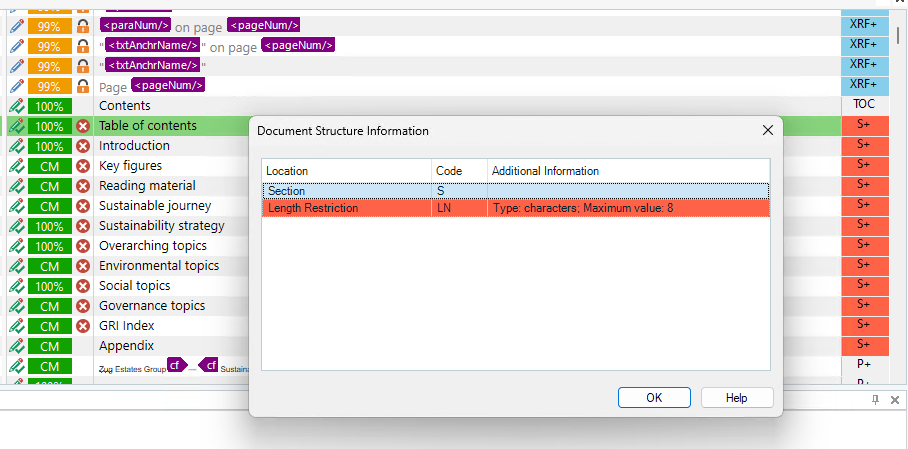 Trados Studio Document Structure Information window showing a 'Section' with a length restriction of 8 characters.