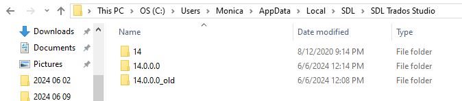 File Explorer window showing SDL Trados Studio folders in Local with versions 14, 14.0.0.0, and 14.0.0.0_old.
