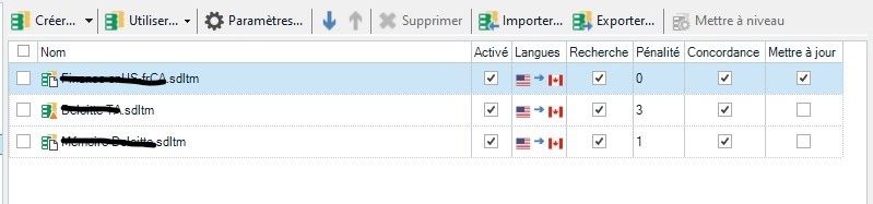Screenshot of Trados Studio Translation Memory settings showing three TMs with red warning symbols indicating issues with the TM configurations.
