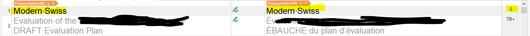 Trados Studio 2021 Editor view showing the first line with style information 'Modern Swiss' highlighted, indicating it is selected for translation.
