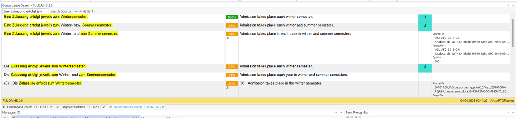 Screenshot of the Concordance Search window in Trados Studio showing German source text with English translations, match percentages, and file names listed in the right column.