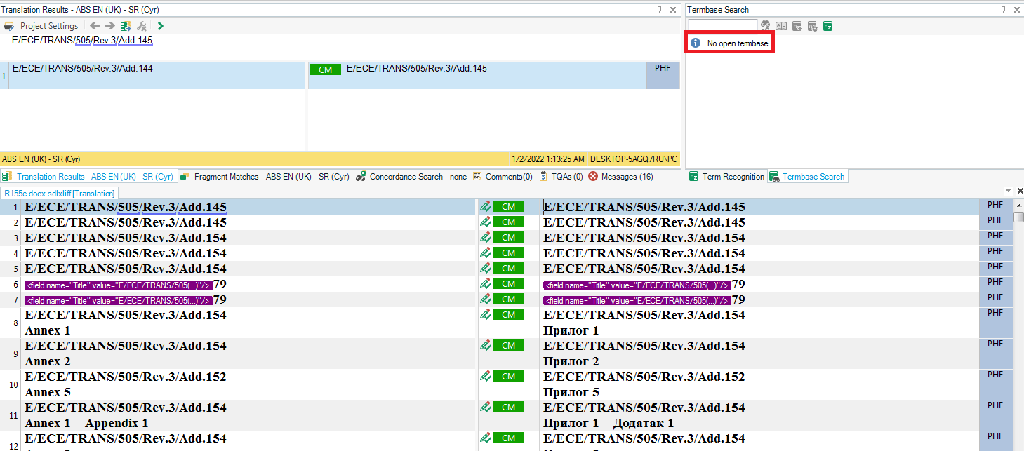 Trados Studio screenshot with an error message 'No open termbase' in the Termbase Search panel, despite the project being set up with a termbase.