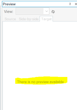 Trados Studio 2022 SR2 preview pane displaying a yellow warning box with the text 'There is no preview available'.