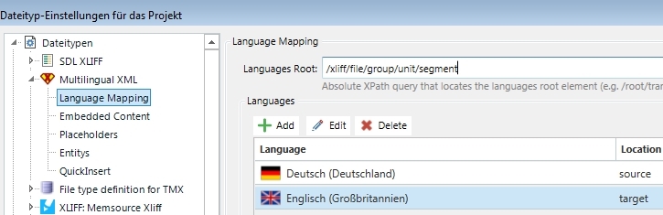 Trados Studio Language Mapping settings showing Languages Root: xlifffilegroupunitsegment with German and English language options.