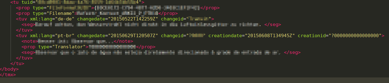 Code snippet of a TMX file showing a translation unit with a note element inside the target language segment.