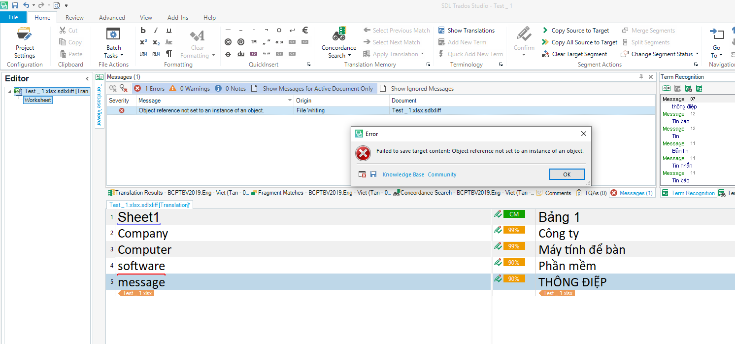 Trados Studio error message dialog box saying 'Failed to save target content: Object reference not set to an instance of an object.' with an 'OK' button.