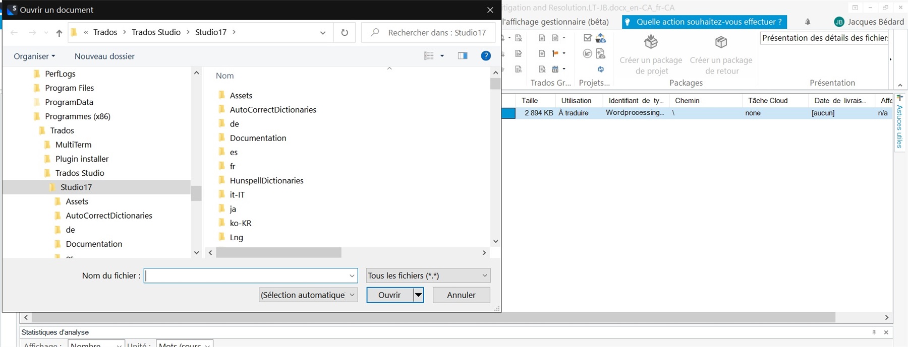 Screenshot of Trados Studio 'Open a document' dialog box showing the folder path of the last opened file instead of the default path.