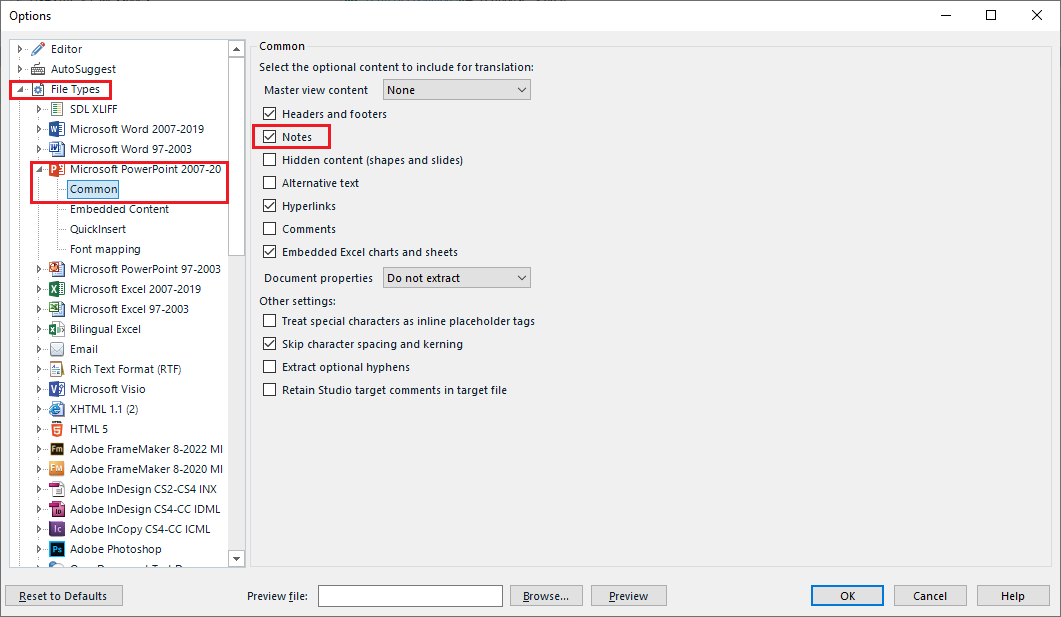Trados Studio options window showing File Types settings. Microsoft PowerPoint 2007-2019 Common is selected, and Notes checkbox is checked under optional content.