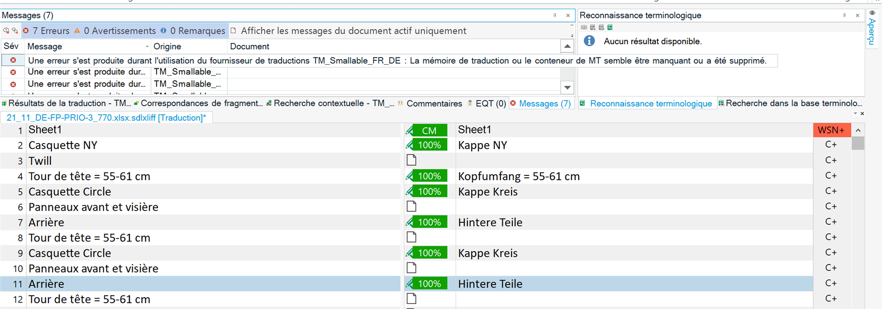 Error message screen in Trados Studio displaying seven errors stating issues with the translation provider and missing or deleted translation memory.