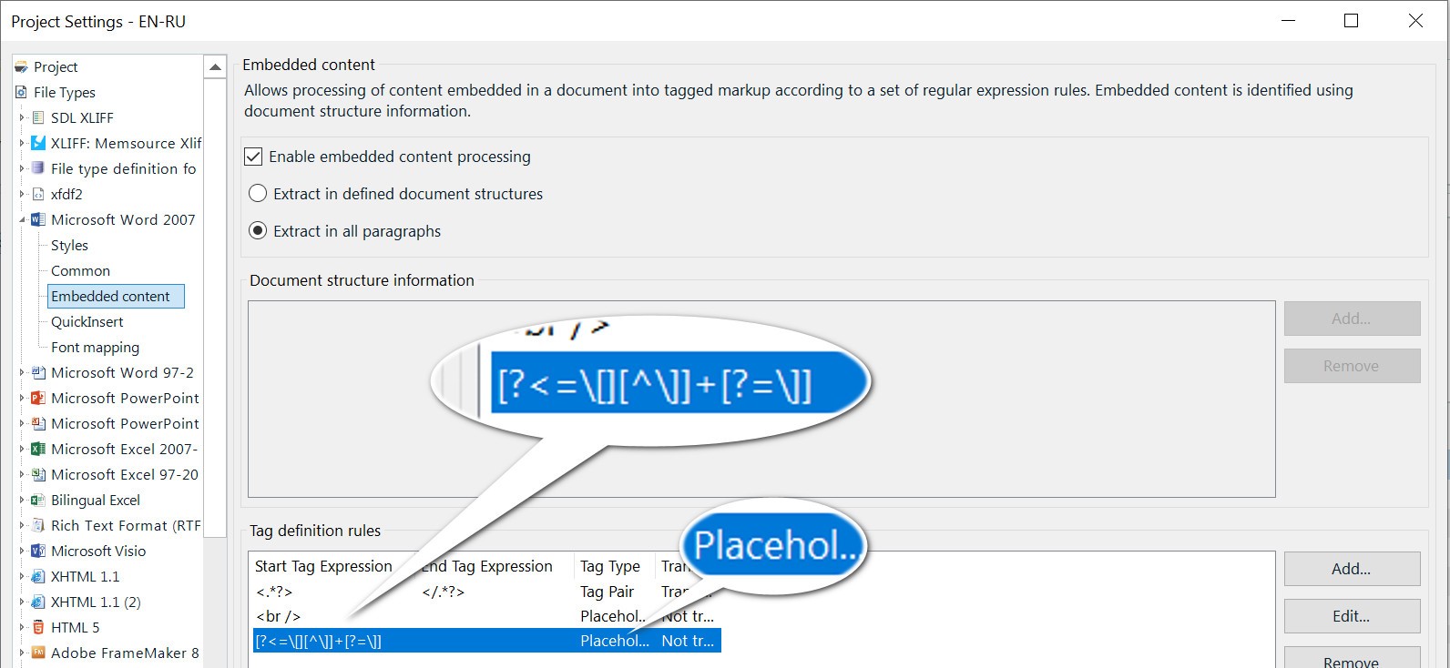 Trados Studio Project Settings window showing Embedded Content section with regex entered in Tag definition rules and 'Placeholder' selected as Tag Type.