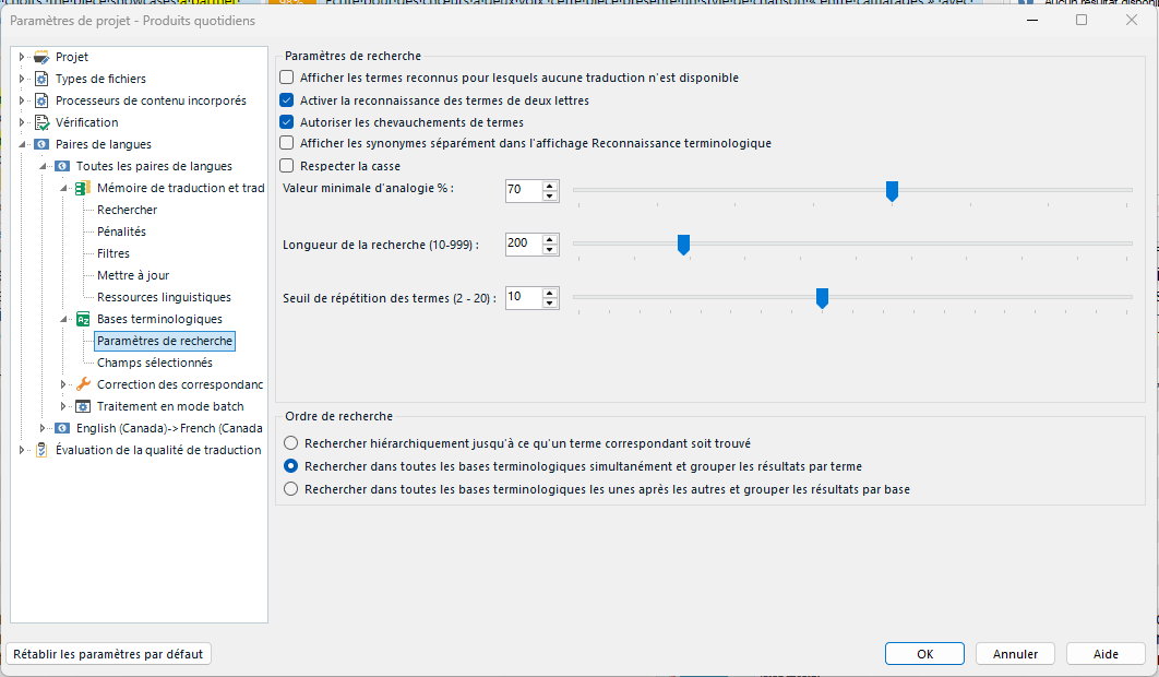Trados Studio settings window showing 'Parametres de recherche' options, including term recognition, case sensitivity, and search length sliders set to specific values.