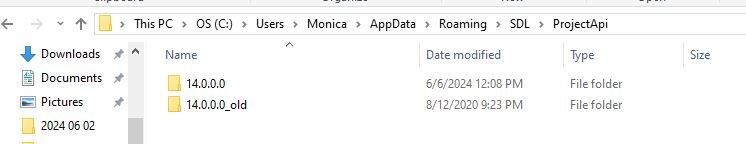 File Explorer window showing SDL ProjectApi folders in Roaming with versions 14.0.0.0 and 14.0.0.0_old.