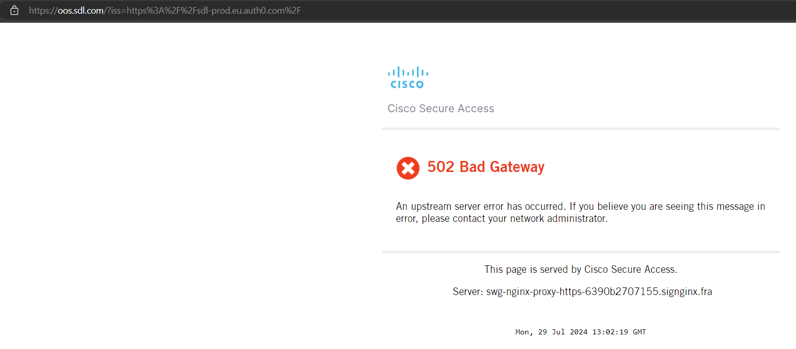 Screenshot of a web browser displaying a '502 Bad Gateway' error from Cisco Secure Access with a message stating an upstream server error has occurred.