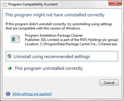 Program Compatibility Assistant window suggesting 'Uninstall using recommended settings' for a program that might not have uninstalled correctly.