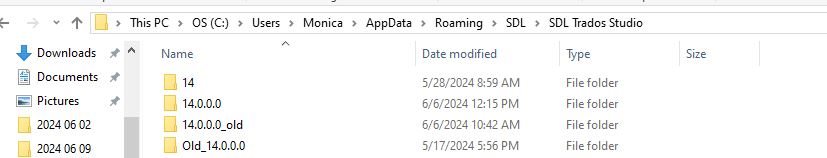 File Explorer window showing SDL Trados Studio folders in Roaming with versions 14, 14.0.0.0, and 14.0.0.0_old.