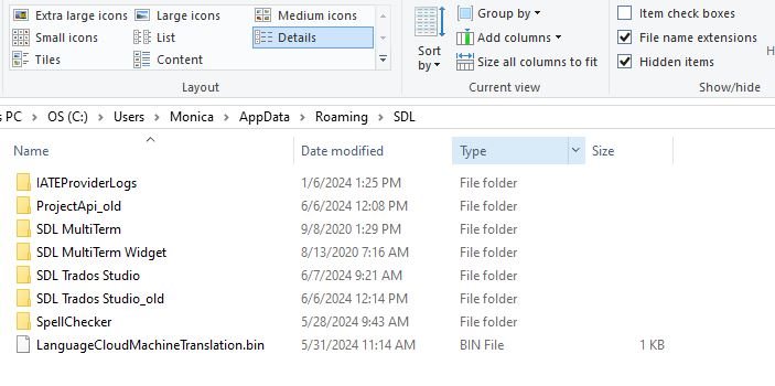 Screenshot of a Windows file explorer window showing contents of the SDL folder in the AppDataRoaming directory. The 'Hidden items' checkbox is checked under the 'View' tab.